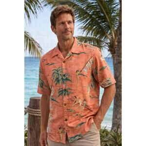 Tommy Bahama 100% Silk Hawaiian Shirt Coral Beach Print Large Resort Camp Shirt